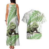 Green New Zealand Tuatara Couples Matching Tank Maxi Dress and Hawaiian Shirt Aotearoa Sphenodon Punctatus Silver Fern LT14 - Polynesian Pride