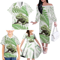 Green New Zealand Tuatara Family Matching Off The Shoulder Long Sleeve Dress and Hawaiian Shirt Aotearoa Sphenodon Punctatus Silver Fern LT14 - Polynesian Pride
