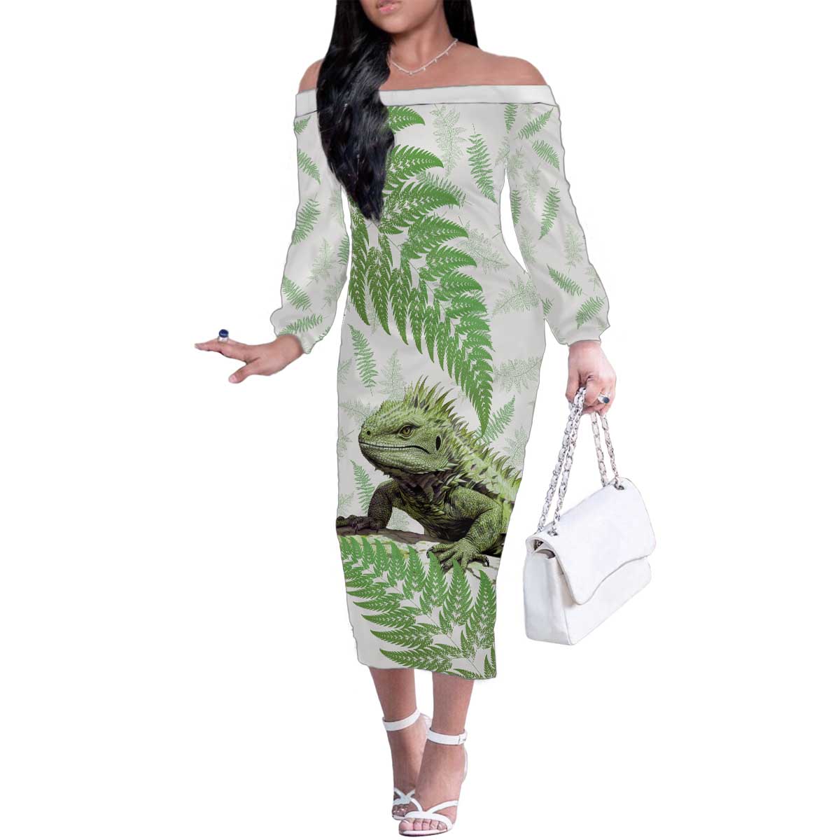 Green New Zealand Tuatara Family Matching Off The Shoulder Long Sleeve Dress and Hawaiian Shirt Aotearoa Sphenodon Punctatus Silver Fern LT14 Mom's Dress Green - Polynesian Pride
