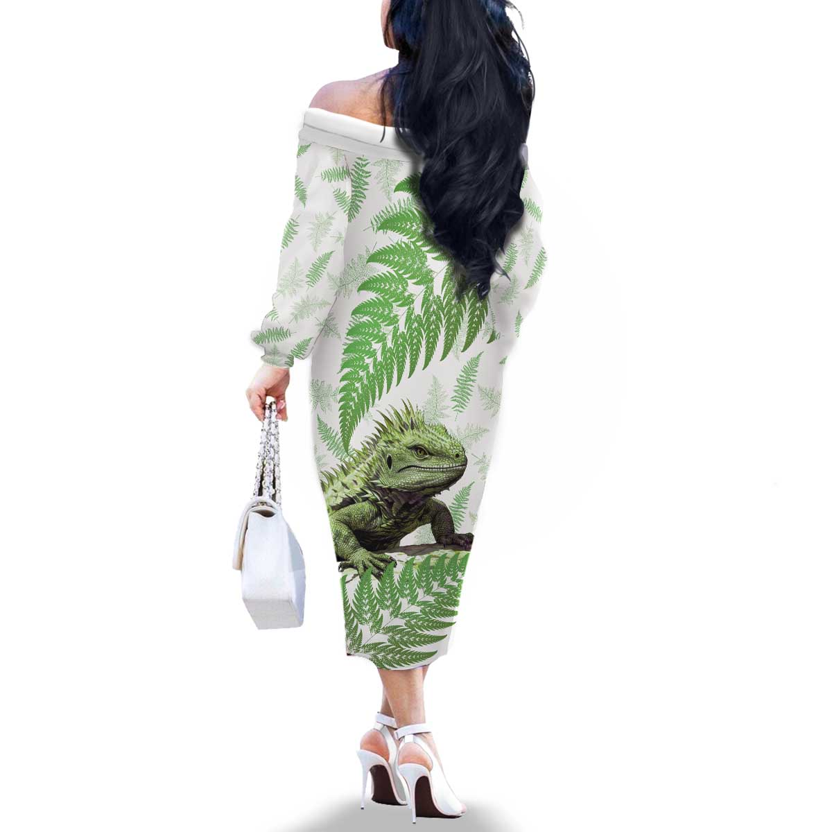 Green New Zealand Tuatara Family Matching Off The Shoulder Long Sleeve Dress and Hawaiian Shirt Aotearoa Sphenodon Punctatus Silver Fern LT14 - Polynesian Pride