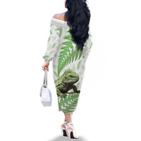 Green New Zealand Tuatara Family Matching Off The Shoulder Long Sleeve Dress and Hawaiian Shirt Aotearoa Sphenodon Punctatus Silver Fern LT14 - Polynesian Pride