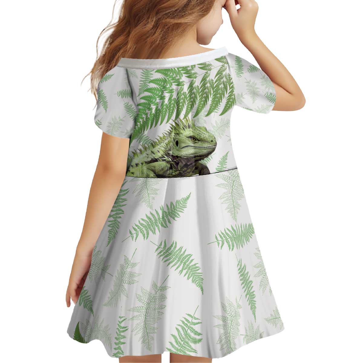 Green New Zealand Tuatara Family Matching Off Shoulder Short Dress and Hawaiian Shirt Aotearoa Sphenodon Punctatus Silver Fern LT14 - Polynesian Pride