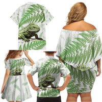 Green New Zealand Tuatara Family Matching Off Shoulder Short Dress and Hawaiian Shirt Aotearoa Sphenodon Punctatus Silver Fern LT14 - Polynesian Pride