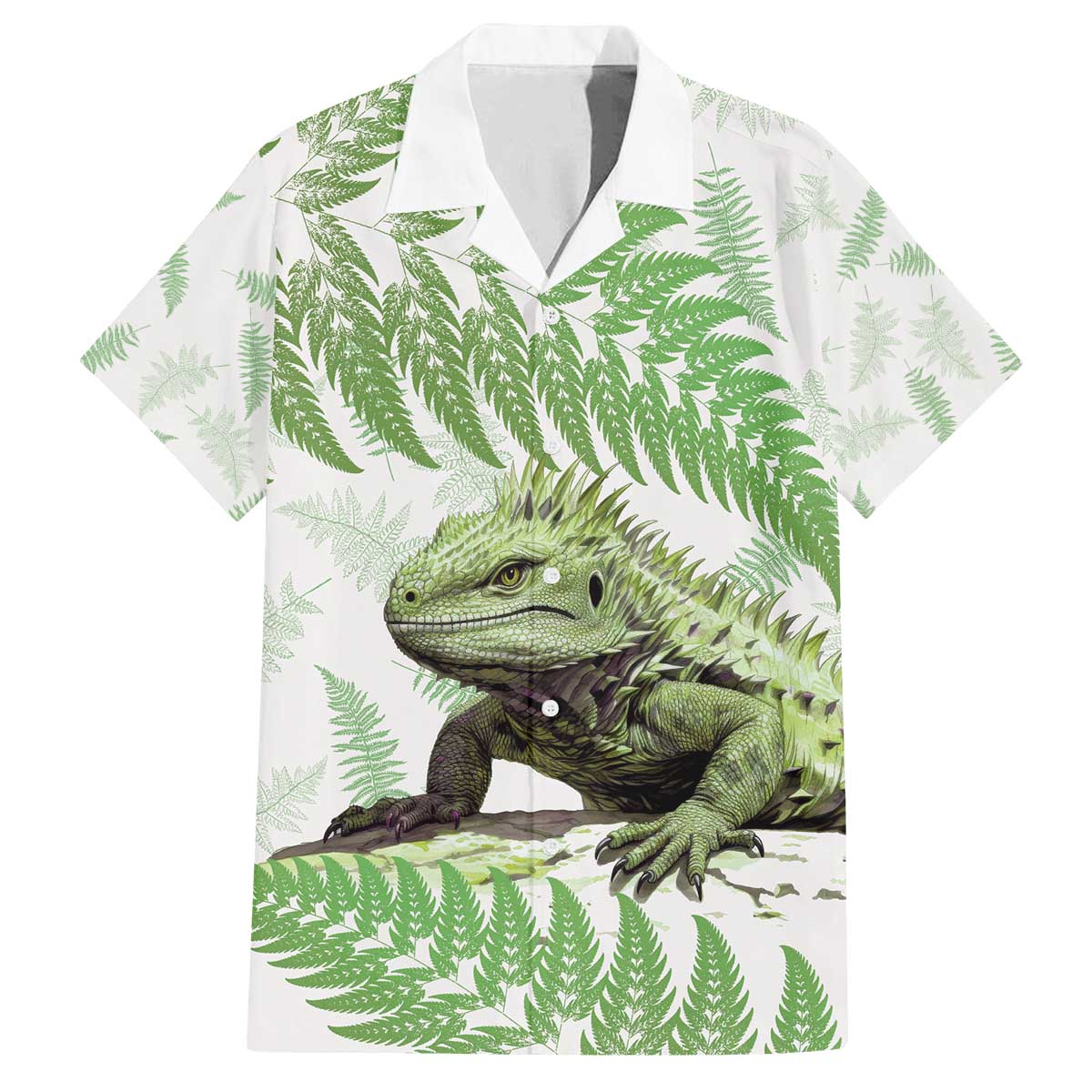 Green New Zealand Tuatara Family Matching Off Shoulder Short Dress and Hawaiian Shirt Aotearoa Sphenodon Punctatus Silver Fern LT14 Dad's Shirt - Short Sleeve Green - Polynesian Pride