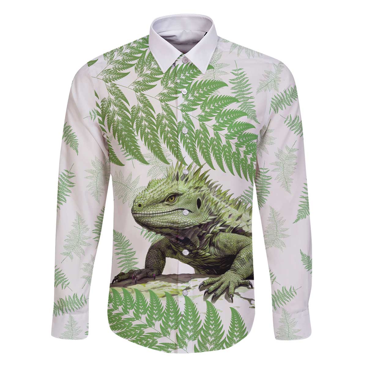 Green New Zealand Tuatara Family Matching Off Shoulder Short Dress and Hawaiian Shirt Aotearoa Sphenodon Punctatus Silver Fern LT14 Dad's Shirt - Long Sleeve Green - Polynesian Pride
