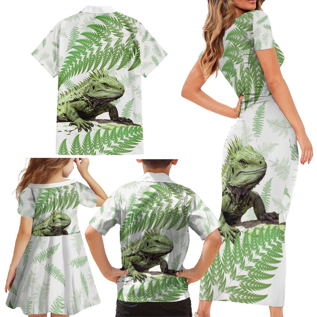Green New Zealand Tuatara Family Matching Short Sleeve Bodycon Dress and Hawaiian Shirt Aotearoa Sphenodon Punctatus Silver Fern LT14 - Polynesian Pride