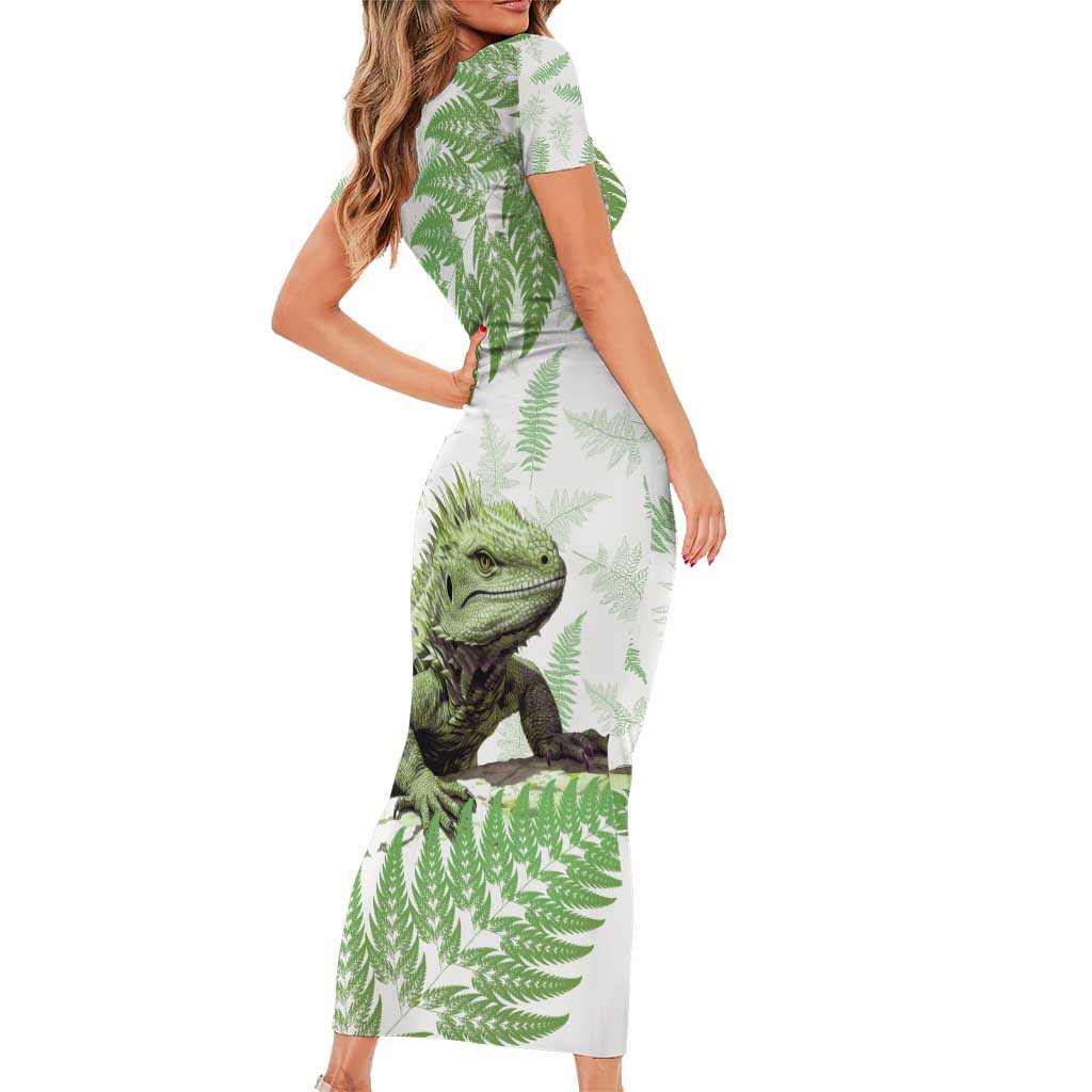 Green New Zealand Tuatara Family Matching Short Sleeve Bodycon Dress and Hawaiian Shirt Aotearoa Sphenodon Punctatus Silver Fern LT14 - Polynesian Pride