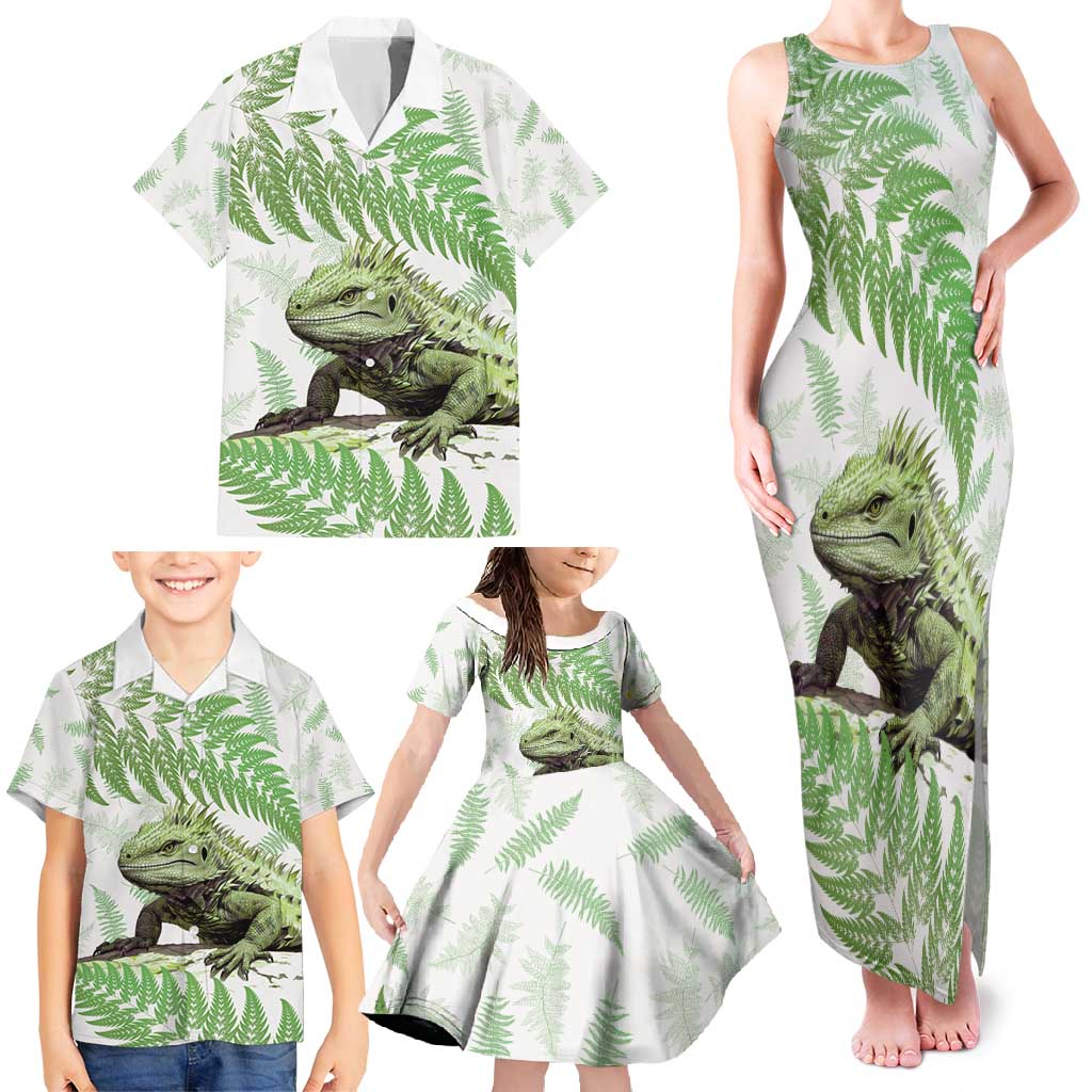Green New Zealand Tuatara Family Matching Tank Maxi Dress and Hawaiian Shirt Aotearoa Sphenodon Punctatus Silver Fern LT14 - Polynesian Pride