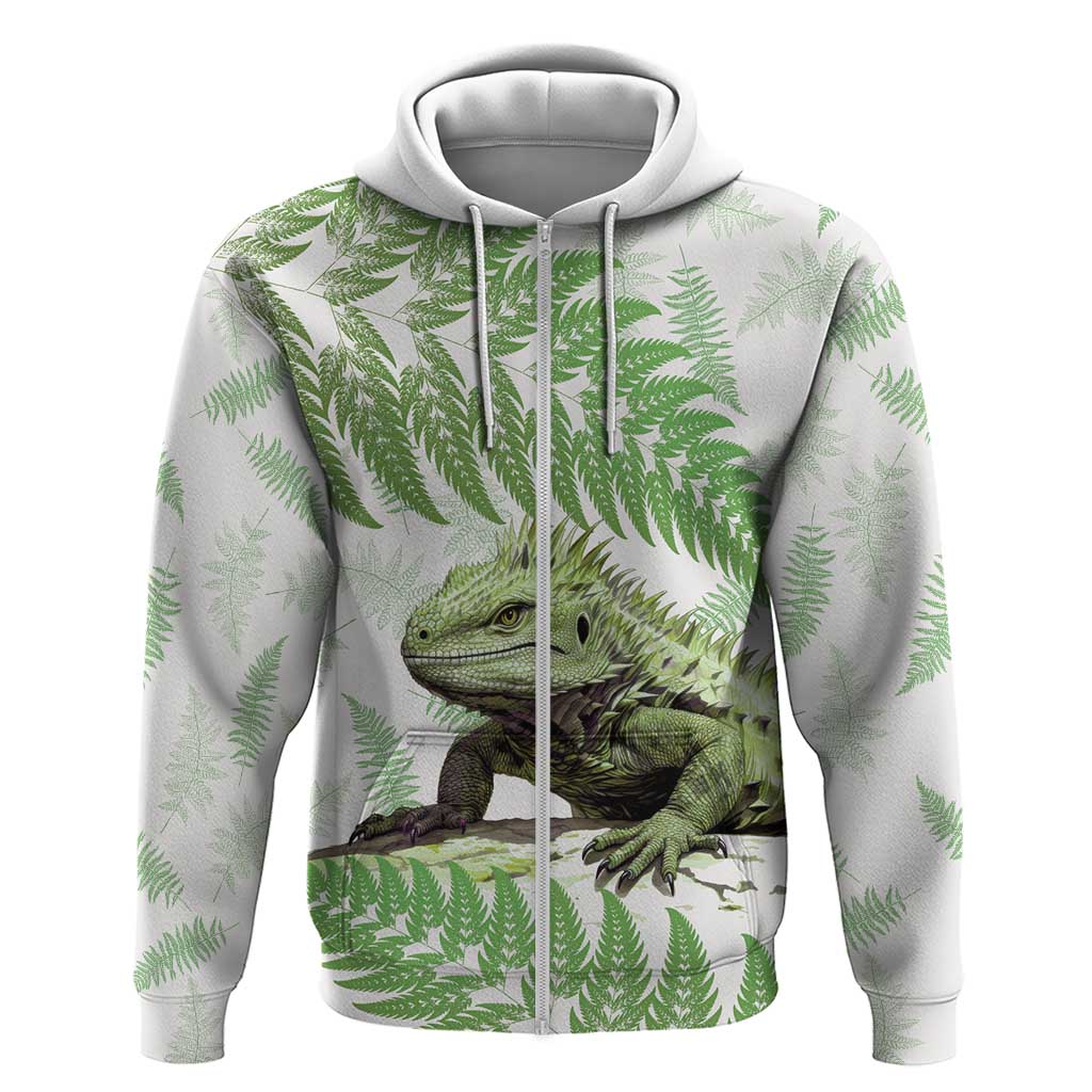Green New Zealand Tuatara Hoodie Aotearoa Sphenodon Punctatus Silver Fern LT14 Zip Hoodie Green - Polynesian Pride