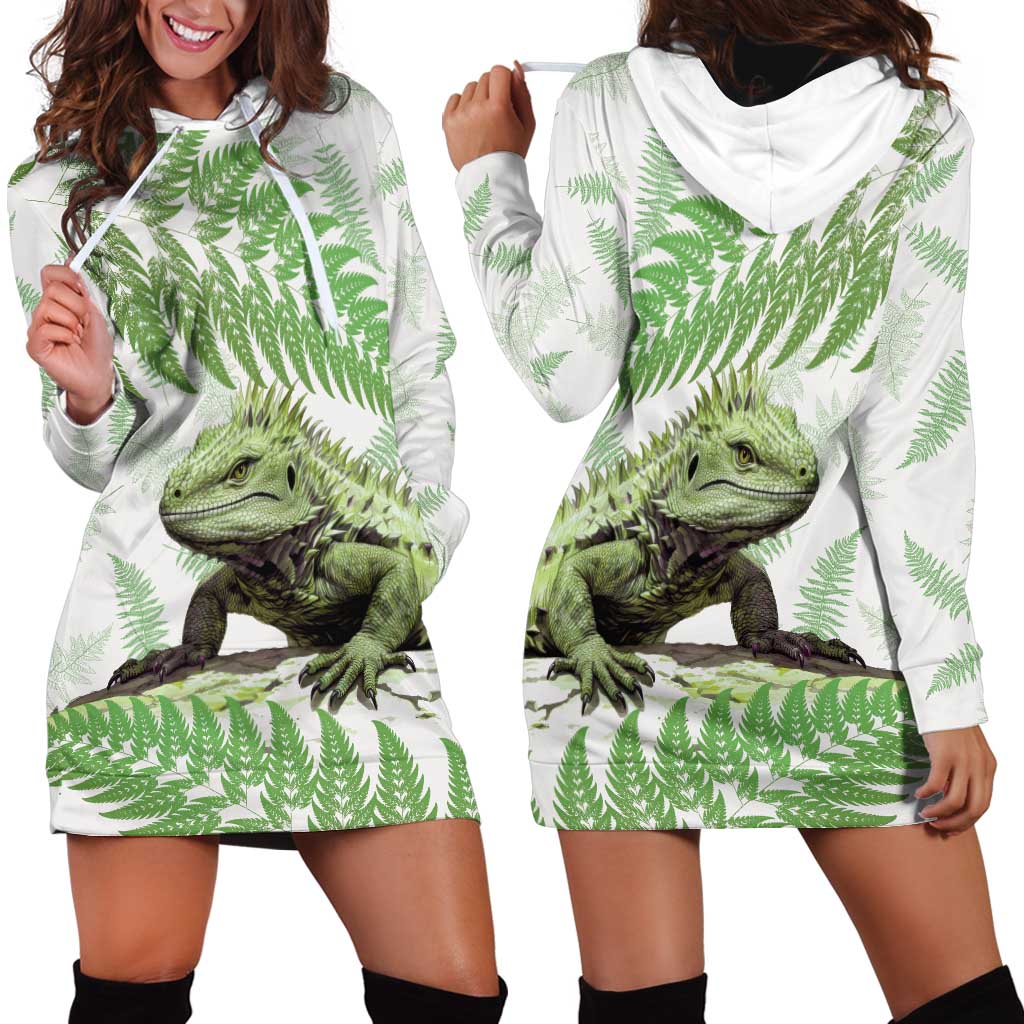 Green New Zealand Tuatara Hoodie Dress Aotearoa Sphenodon Punctatus Silver Fern LT14 - Polynesian Pride