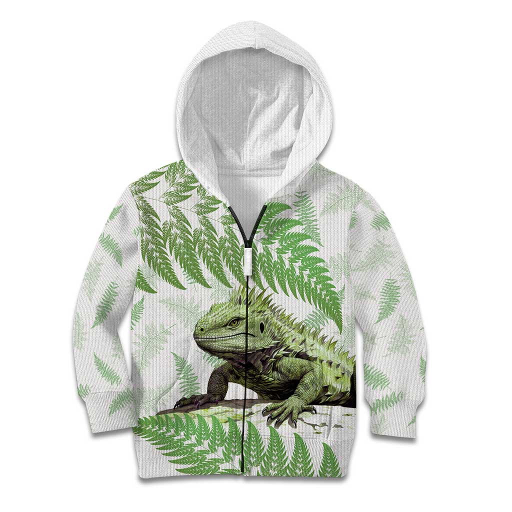 Green New Zealand Tuatara Kid Hoodie Aotearoa Sphenodon Punctatus Silver Fern LT14 Zip Hoodie Green - Polynesian Pride