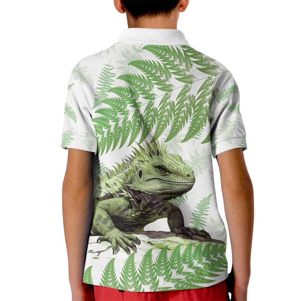 Green New Zealand Tuatara Kid Polo Shirt Aotearoa Sphenodon Punctatus Silver Fern LT14 - Polynesian Pride