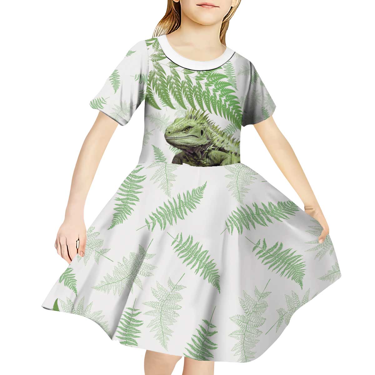 Green New Zealand Tuatara Kid Short Sleeve Dress Aotearoa Sphenodon Punctatus Silver Fern LT14 - Polynesian Pride