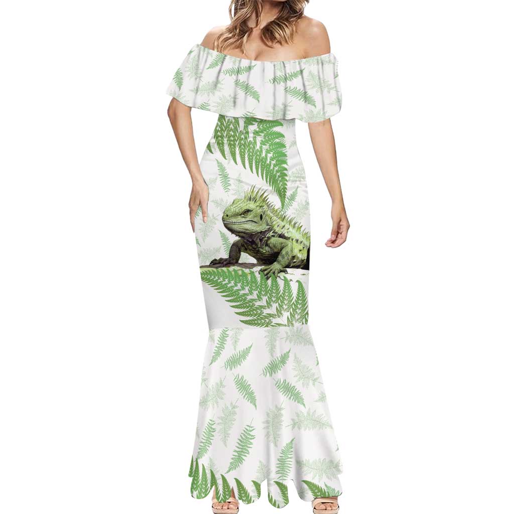 Green New Zealand Tuatara Mermaid Dress Aotearoa Sphenodon Punctatus Silver Fern LT14 - Polynesian Pride