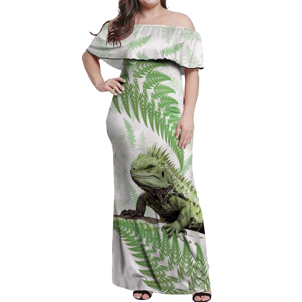 Green New Zealand Tuatara Off Shoulder Maxi Dress Aotearoa Sphenodon Punctatus Silver Fern LT14 Women Green - Polynesian Pride