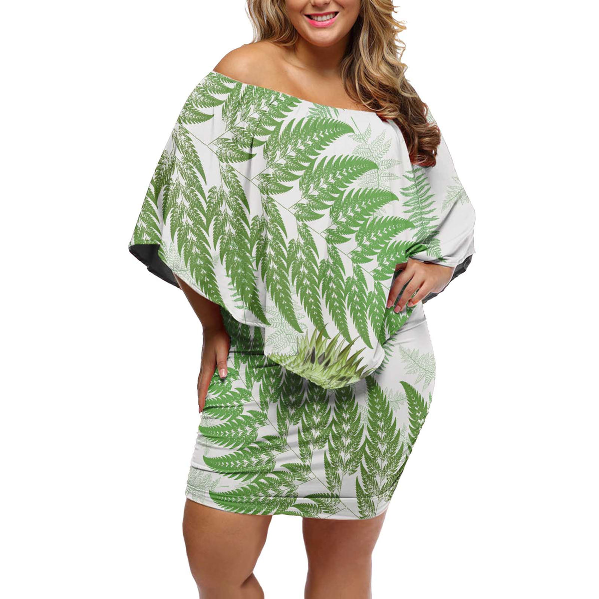 Green New Zealand Tuatara Off Shoulder Short Dress Aotearoa Sphenodon Punctatus Silver Fern LT14 Women Green - Polynesian Pride