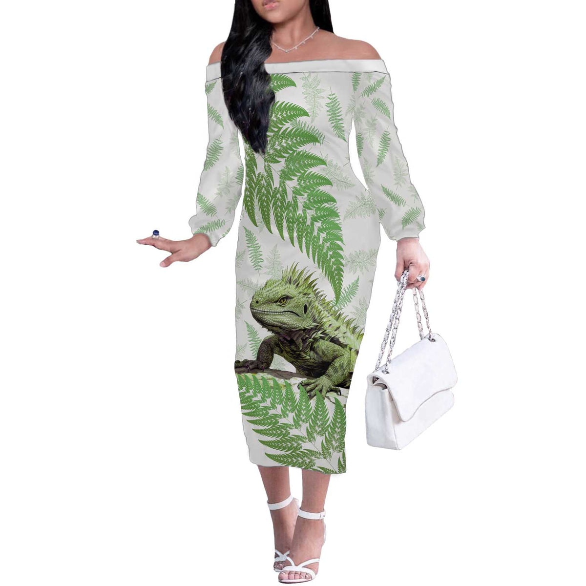 Green New Zealand Tuatara Off The Shoulder Long Sleeve Dress Aotearoa Sphenodon Punctatus Silver Fern LT14 Women Green - Polynesian Pride