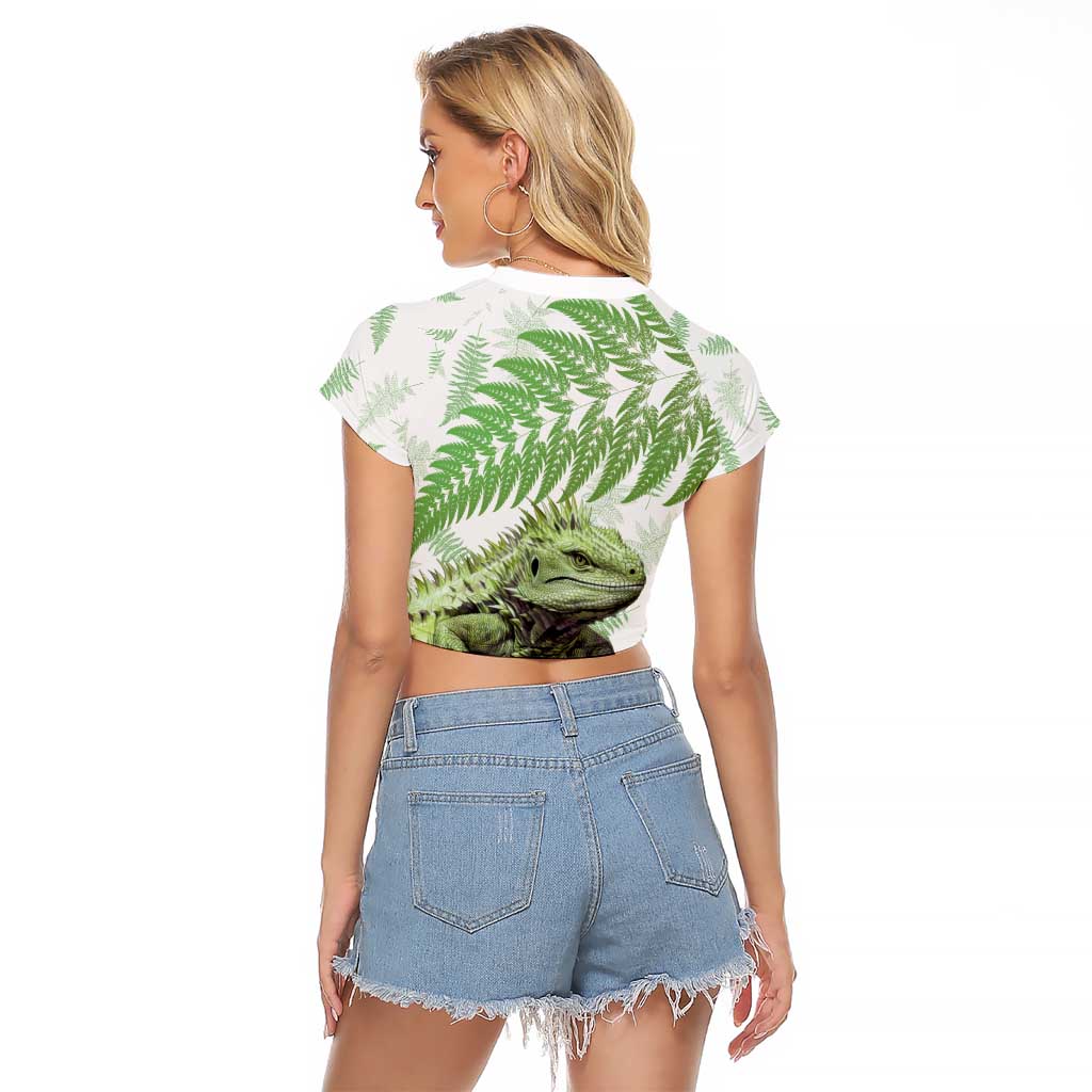 Green New Zealand Tuatara Raglan Cropped T Shirt Aotearoa Sphenodon Punctatus Silver Fern LT14 - Polynesian Pride