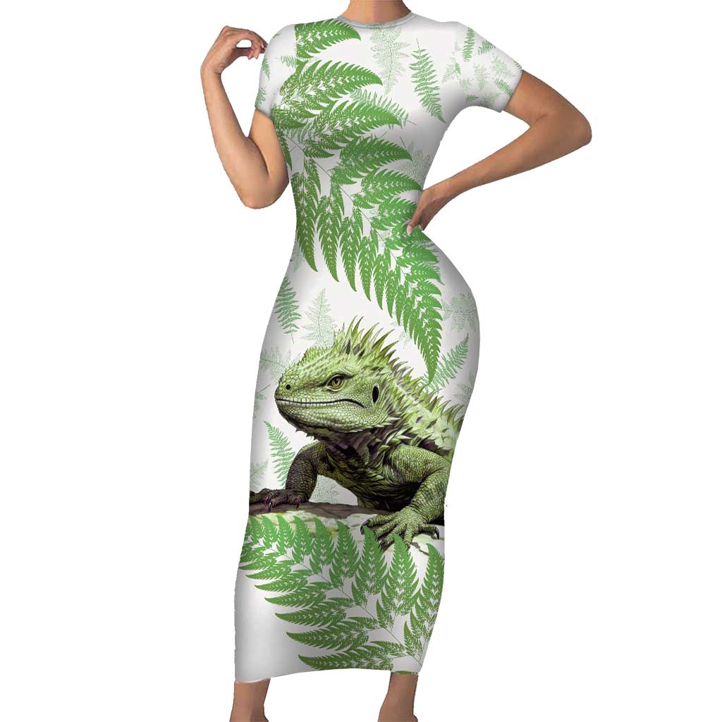 Green New Zealand Tuatara Short Sleeve Bodycon Dress Aotearoa Sphenodon Punctatus Silver Fern LT14 Long Dress Green - Polynesian Pride