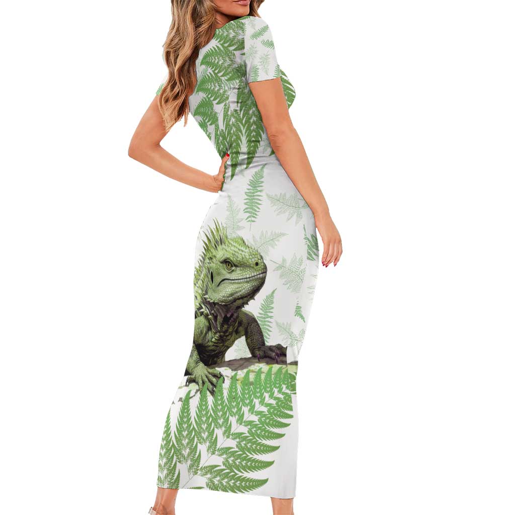 Green New Zealand Tuatara Short Sleeve Bodycon Dress Aotearoa Sphenodon Punctatus Silver Fern LT14 - Polynesian Pride