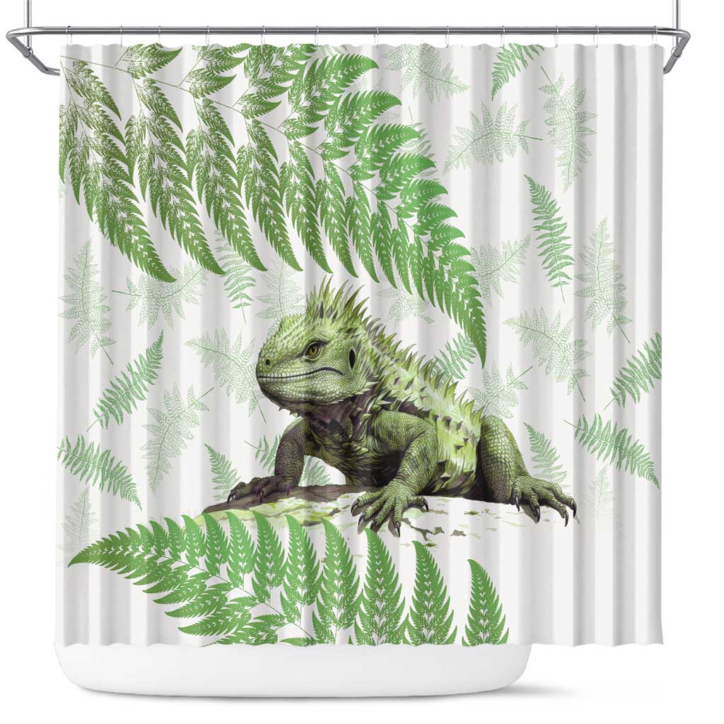 Green New Zealand Tuatara Shower Curtain Aotearoa Sphenodon Punctatus Silver Fern LT14 Green - Polynesian Pride