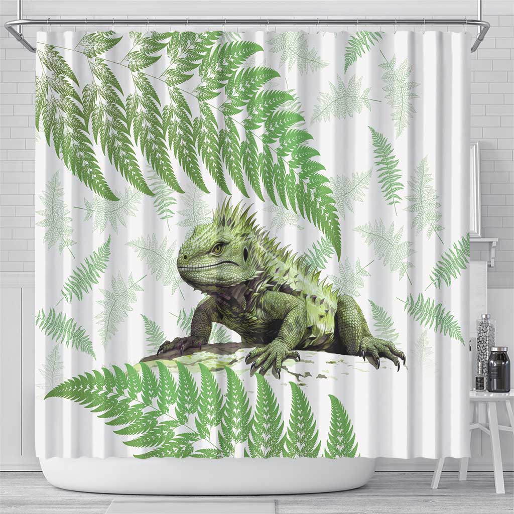 Green New Zealand Tuatara Shower Curtain Aotearoa Sphenodon Punctatus Silver Fern LT14 - Polynesian Pride