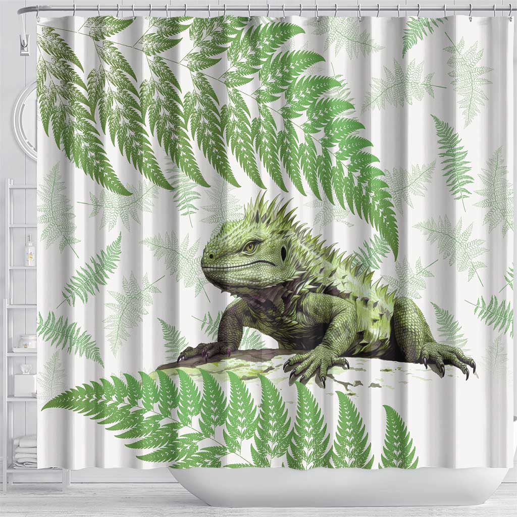 Green New Zealand Tuatara Shower Curtain Aotearoa Sphenodon Punctatus Silver Fern LT14 - Polynesian Pride