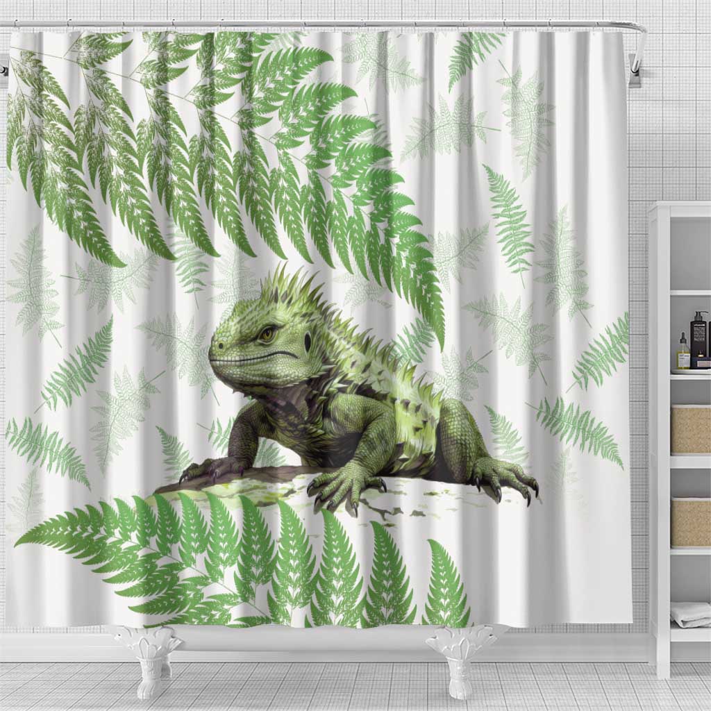 Green New Zealand Tuatara Shower Curtain Aotearoa Sphenodon Punctatus Silver Fern LT14 - Polynesian Pride