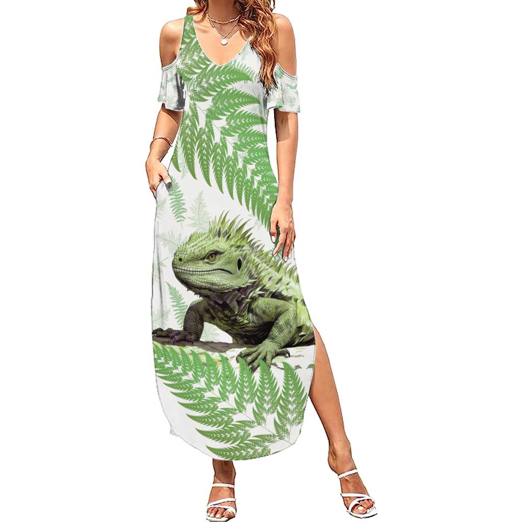 Green New Zealand Tuatara Summer Maxi Dress Aotearoa Sphenodon Punctatus Silver Fern LT14 Women Green - Polynesian Pride