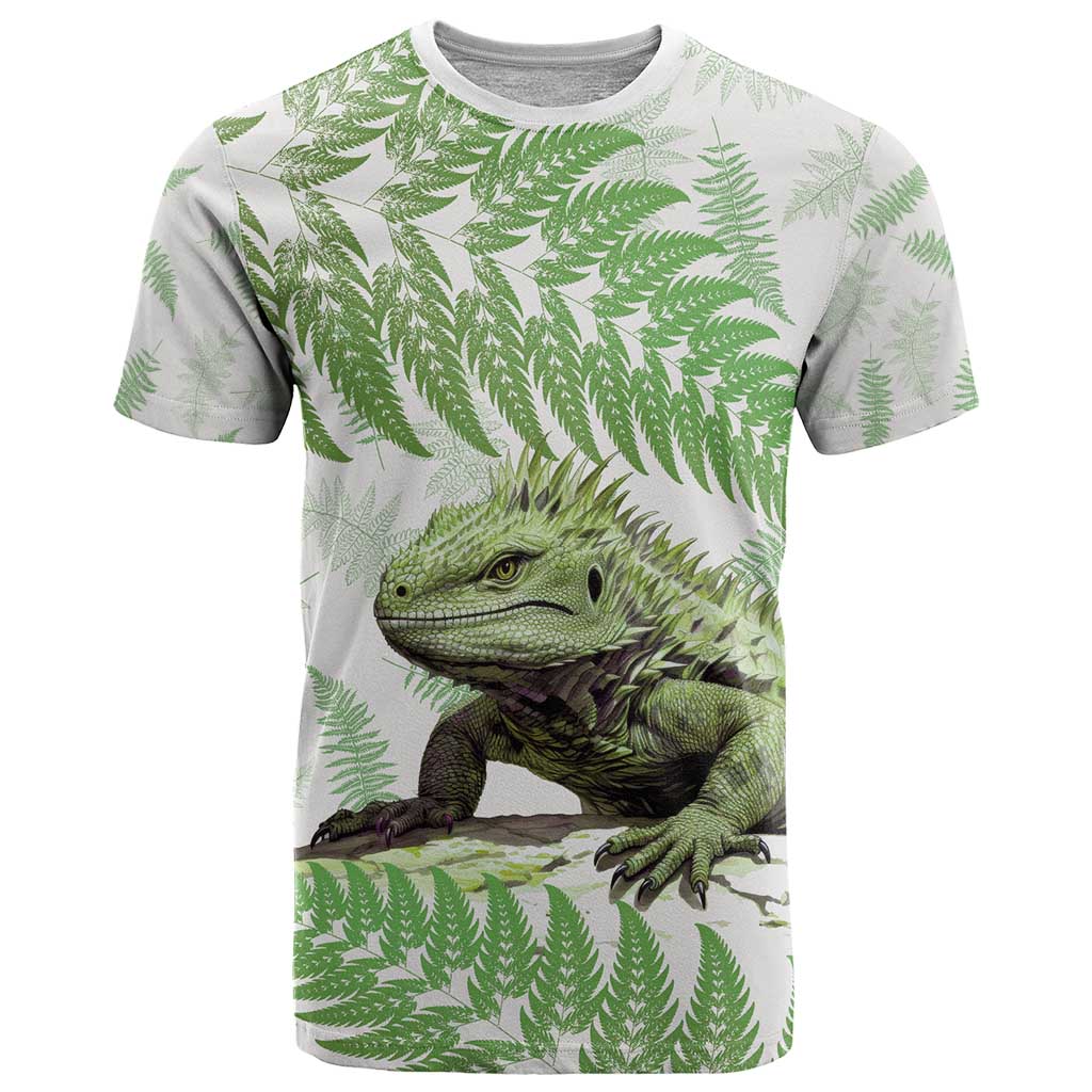 Green New Zealand Tuatara T Shirt Aotearoa Sphenodon Punctatus Silver Fern LT14 Green - Polynesian Pride