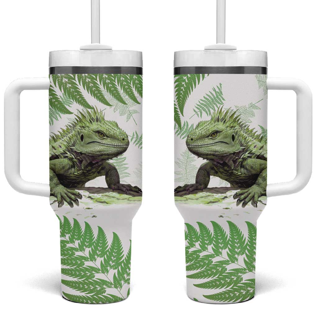 Green New Zealand Tuatara Tumbler With Handle Aotearoa Sphenodon Punctatus Silver Fern LT14 One Size: 40 oz Green - Polynesian Pride