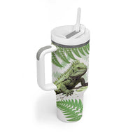 Green New Zealand Tuatara Tumbler With Handle Aotearoa Sphenodon Punctatus Silver Fern LT14 - Polynesian Pride