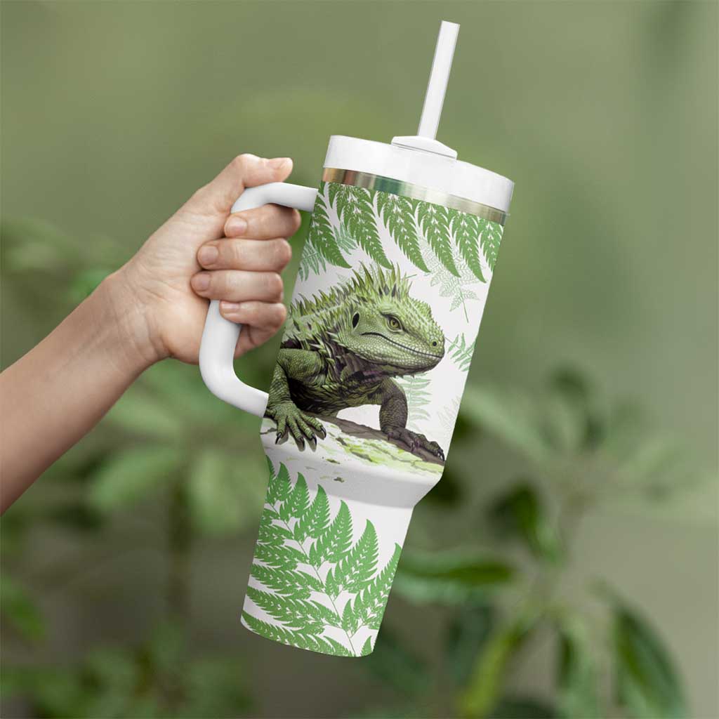 Green New Zealand Tuatara Tumbler With Handle Aotearoa Sphenodon Punctatus Silver Fern LT14 - Polynesian Pride