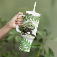 Green New Zealand Tuatara Tumbler With Handle Aotearoa Sphenodon Punctatus Silver Fern LT14 - Polynesian Pride