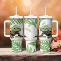 Green New Zealand Tuatara Tumbler With Handle Aotearoa Sphenodon Punctatus Silver Fern LT14 - Polynesian Pride