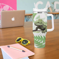 Green New Zealand Tuatara Tumbler With Handle Aotearoa Sphenodon Punctatus Silver Fern LT14 - Polynesian Pride