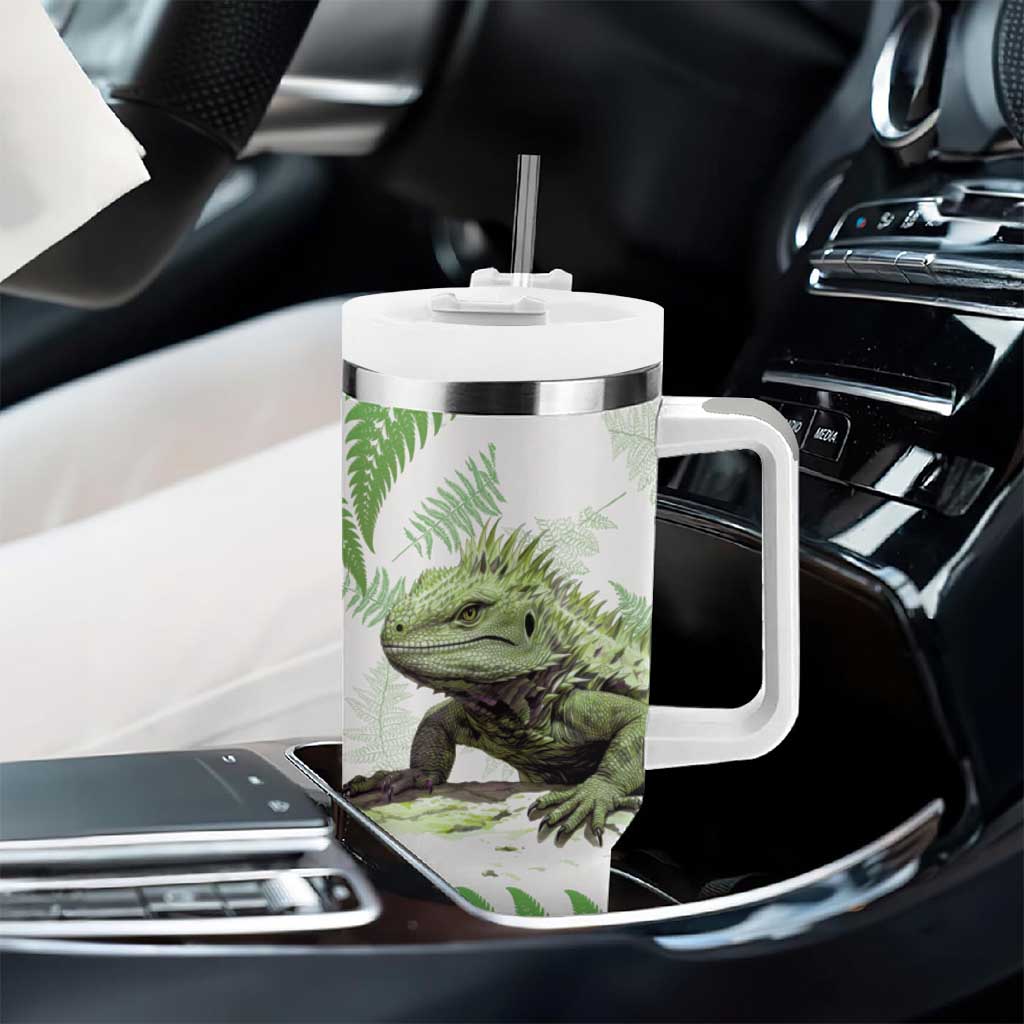 Green New Zealand Tuatara Tumbler With Handle Aotearoa Sphenodon Punctatus Silver Fern LT14 - Polynesian Pride