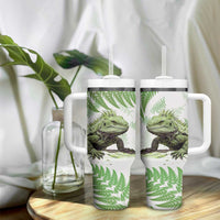 Green New Zealand Tuatara Tumbler With Handle Aotearoa Sphenodon Punctatus Silver Fern LT14 - Polynesian Pride