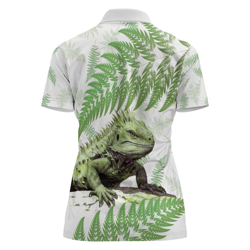 Green New Zealand Tuatara Women Polo Shirt Aotearoa Sphenodon Punctatus Silver Fern LT14 - Polynesian Pride