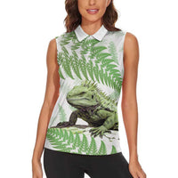 Green New Zealand Tuatara Women Sleeveless Polo Shirt Aotearoa Sphenodon Punctatus Silver Fern LT14 - Polynesian Pride