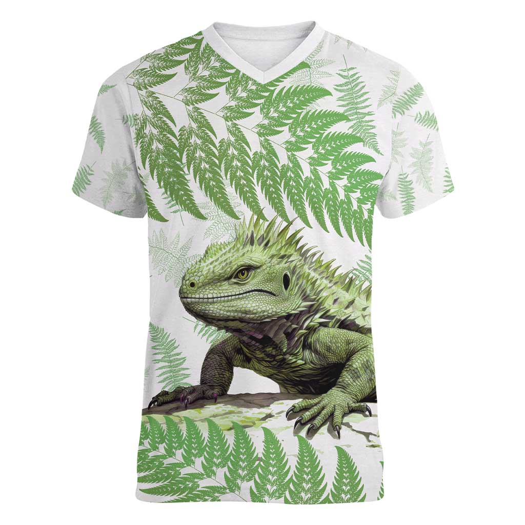 Green New Zealand Tuatara Women V-Neck T-Shirt Aotearoa Sphenodon Punctatus Silver Fern LT14 Female Green - Polynesian Pride