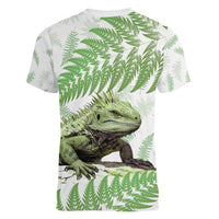 Green New Zealand Tuatara Women V-Neck T-Shirt Aotearoa Sphenodon Punctatus Silver Fern LT14 - Polynesian Pride