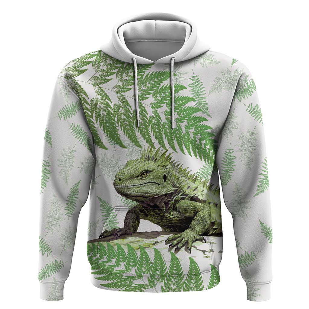 Green New Zealand Tuatara Zip Hoodie Aotearoa Sphenodon Punctatus Silver Fern LT14 Pullover Hoodie Green - Polynesian Pride