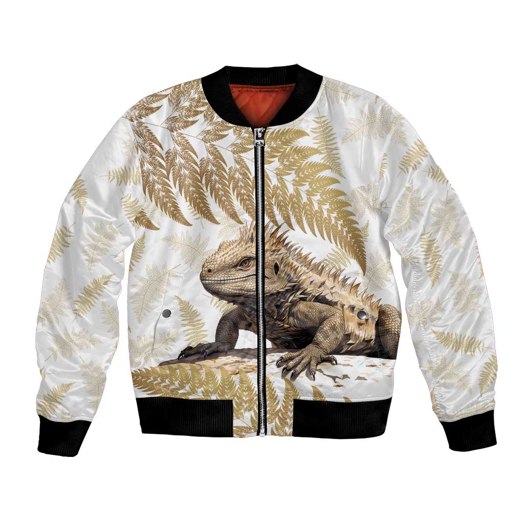 Gold New Zealand Tuatara Bomber Jacket Aotearoa Sphenodon Punctatus Silver Fern LT14 Unisex Gold - Polynesian Pride