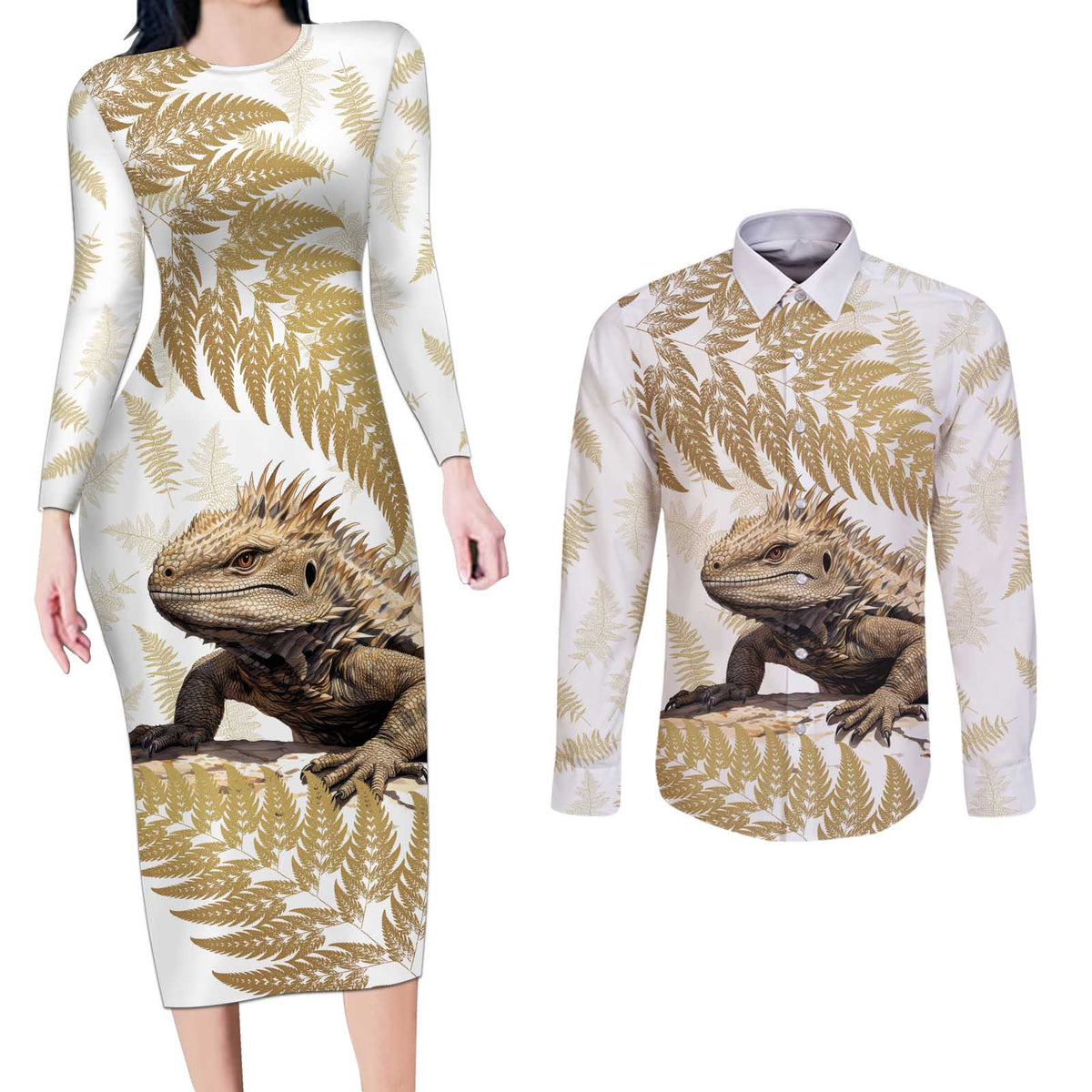 Gold New Zealand Tuatara Couples Matching Long Sleeve Bodycon Dress and Long Sleeve Button Shirt Aotearoa Sphenodon Punctatus Silver Fern LT14 Gold - Polynesian Pride