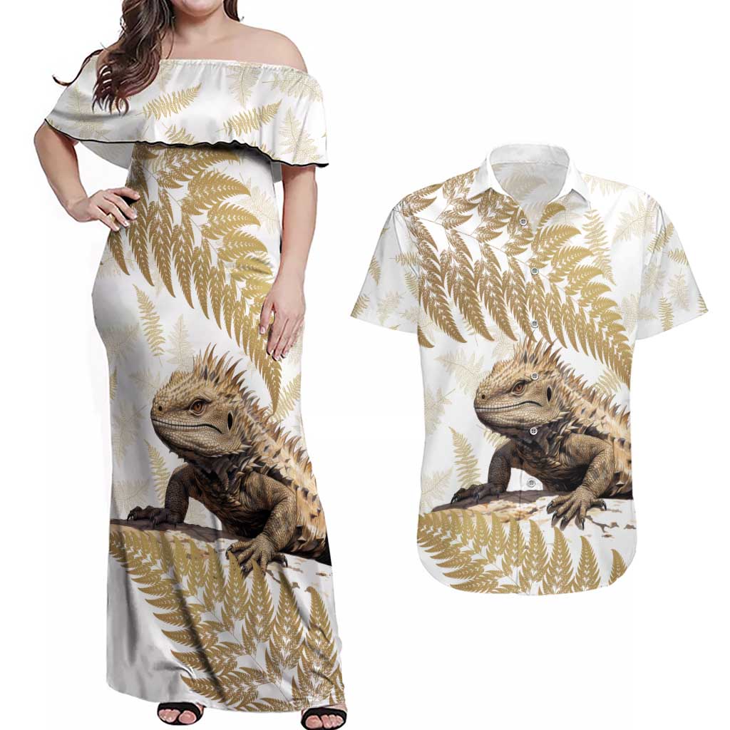 Gold New Zealand Tuatara Couples Matching Off Shoulder Maxi Dress and Hawaiian Shirt Aotearoa Sphenodon Punctatus Silver Fern LT14 Gold - Polynesian Pride