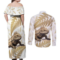 Gold New Zealand Tuatara Couples Matching Off Shoulder Maxi Dress and Long Sleeve Button Shirt Aotearoa Sphenodon Punctatus Silver Fern LT14 - Polynesian Pride