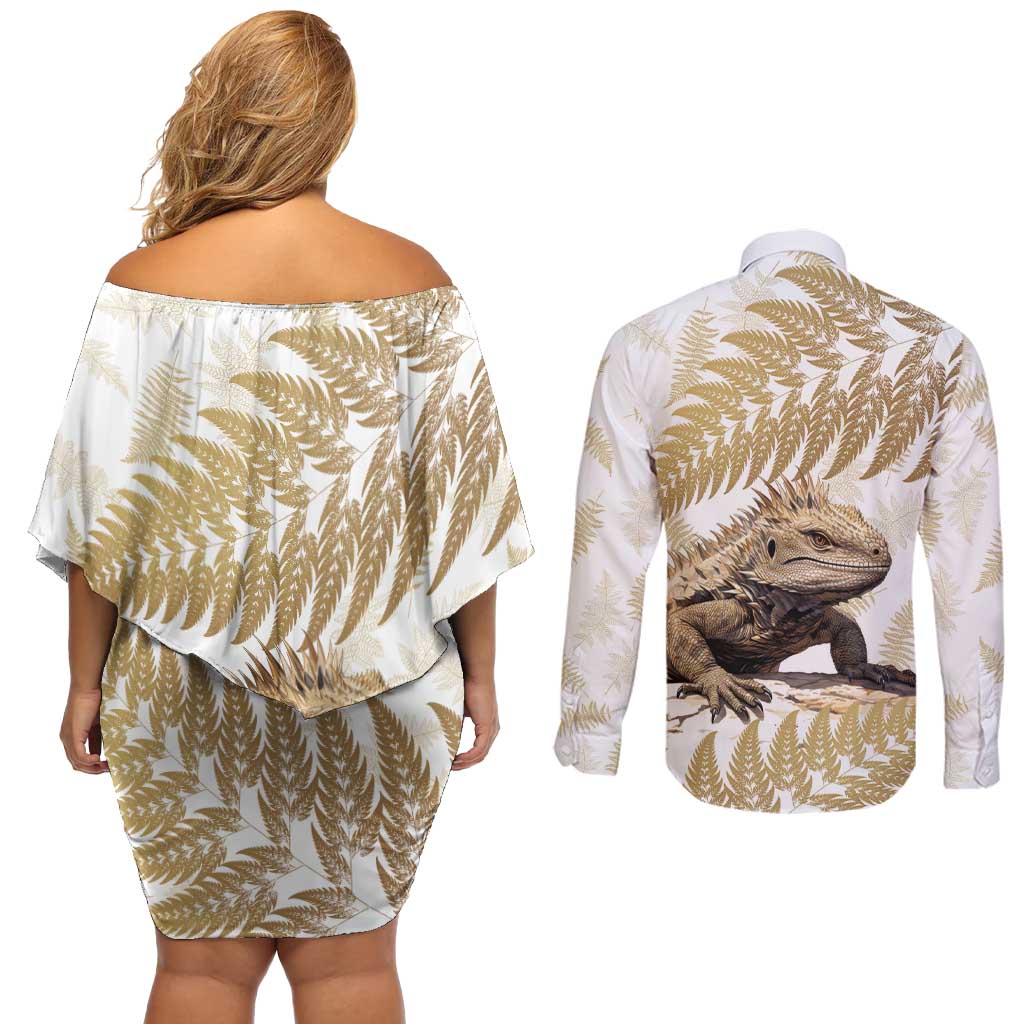 Gold New Zealand Tuatara Couples Matching Off Shoulder Short Dress and Long Sleeve Button Shirt Aotearoa Sphenodon Punctatus Silver Fern LT14 - Polynesian Pride