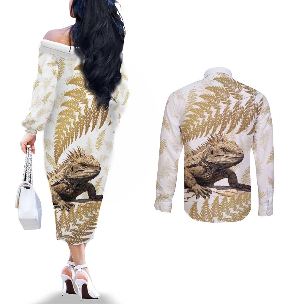 Gold New Zealand Tuatara Couples Matching Off The Shoulder Long Sleeve Dress and Long Sleeve Button Shirt Aotearoa Sphenodon Punctatus Silver Fern LT14 - Polynesian Pride