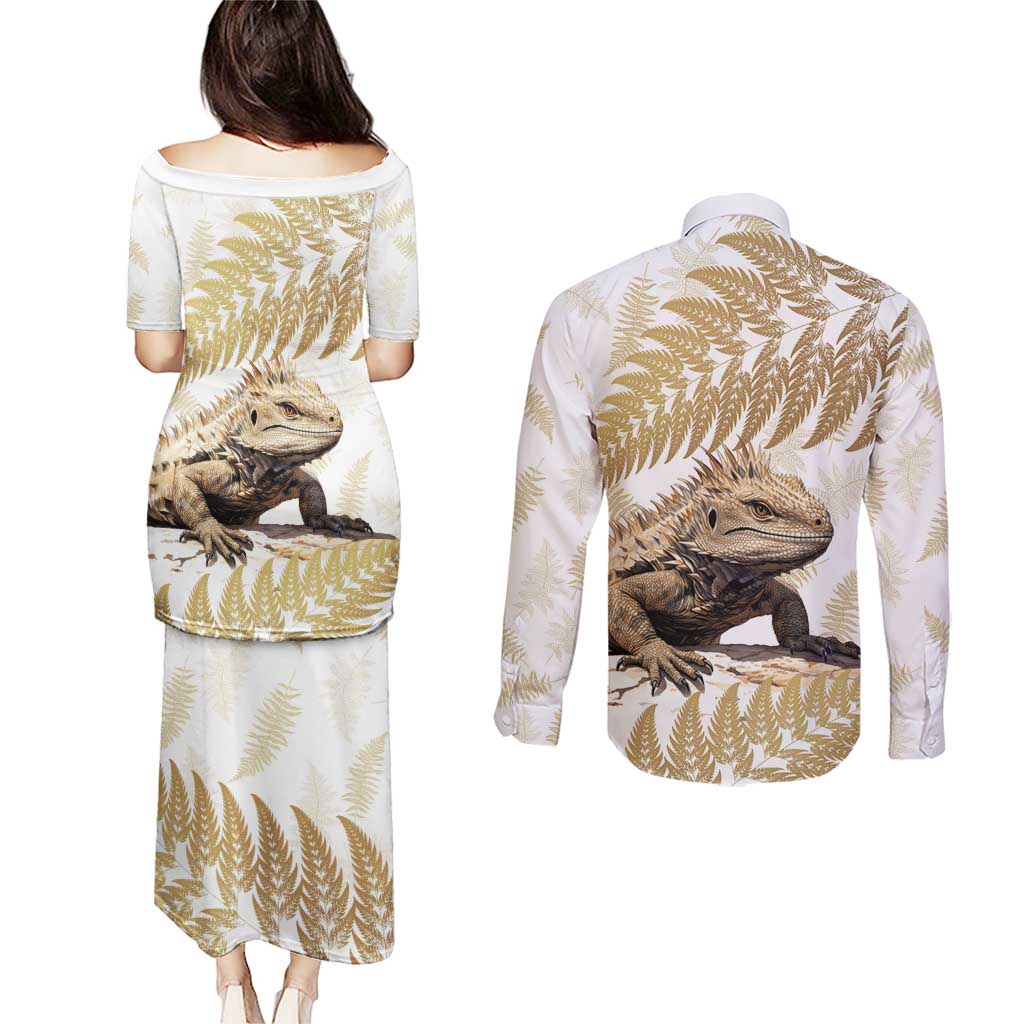 Gold New Zealand Tuatara Couples Matching Puletasi and Long Sleeve Button Shirt Aotearoa Sphenodon Punctatus Silver Fern LT14 - Polynesian Pride